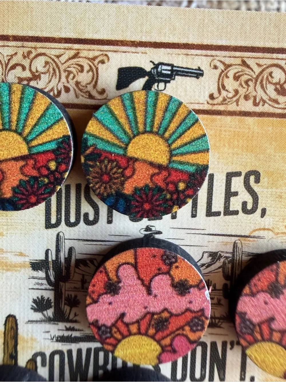 NEW Set of 3 Western Wood Stud Earrings Sun Desert Cactus Boho Cowgirl